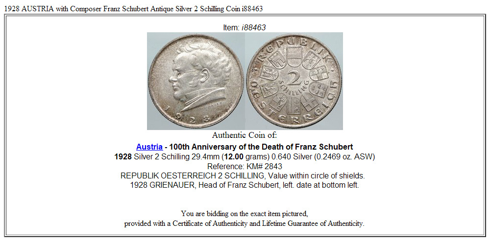 1928 AUSTRIA with Composer Franz Schubert Antique Silver 2 Schilling Coin i88463