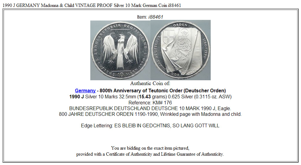 1990 J GERMANY Madonna & Child VINTAGE PROOF Silver 10 Mark German Coin i88461