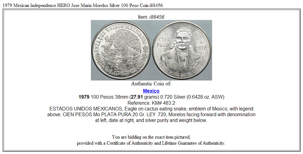 1979 Mexican Independence HERO Jose Maria Morelos Silver 100 Peso Coin i88456