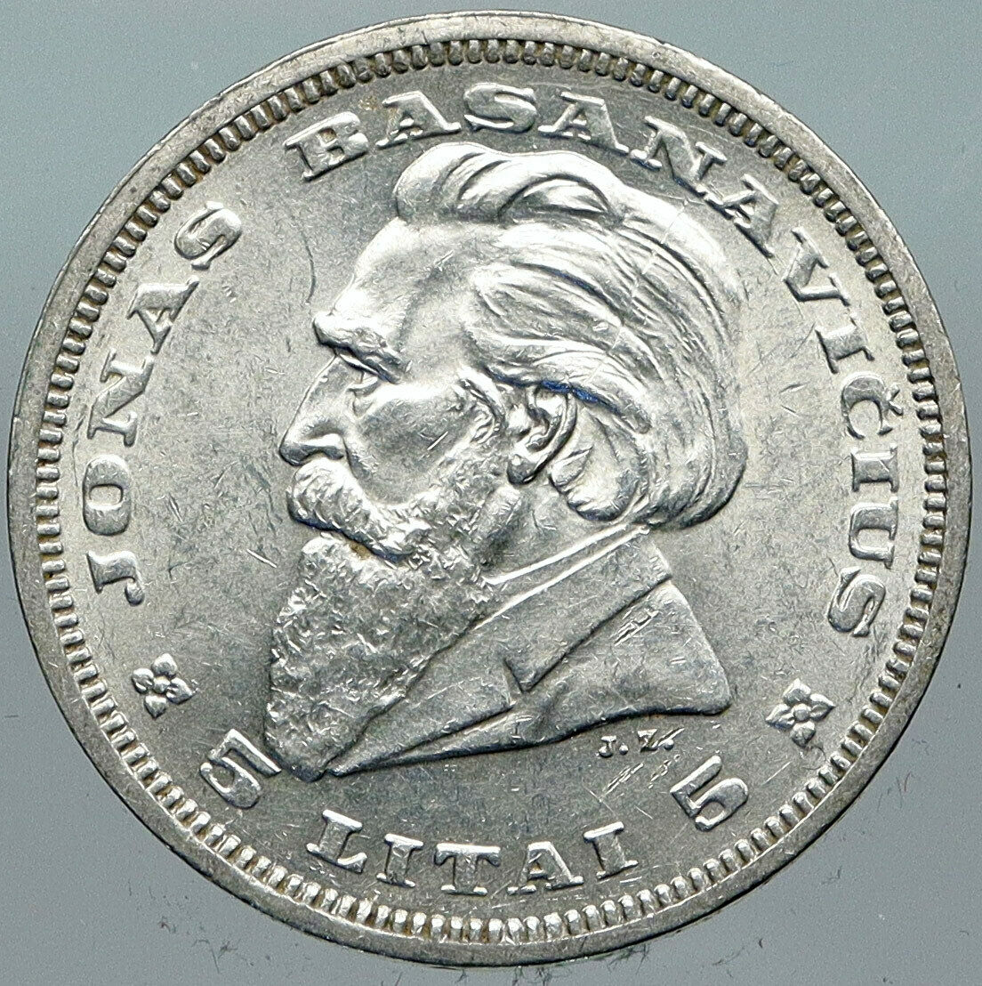 1936 LITHUANIA Silver 5 Litai JONAS BASANAVICIUS Vintage Lithuanian Coin i88460