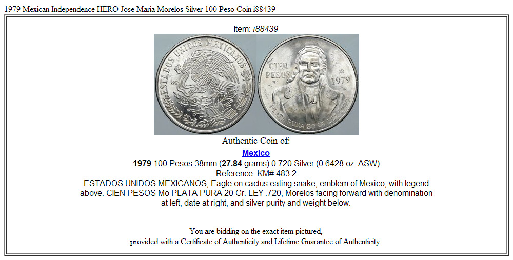 1979 Mexican Independence HERO Jose Maria Morelos Silver 100 Peso Coin i88439