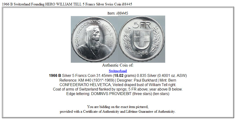 1966 B Switzerland Founding HERO WILLIAM TELL 5 Francs Silver Swiss Coin i88445