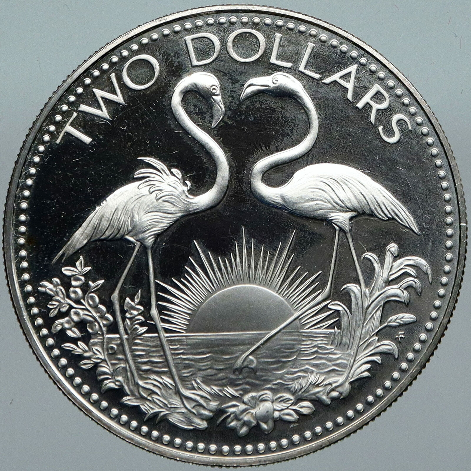 1974 The BAHAMAS Islands TWO FLAMINGOS Vintage Proof Silver 2 Dollar Coin i88441