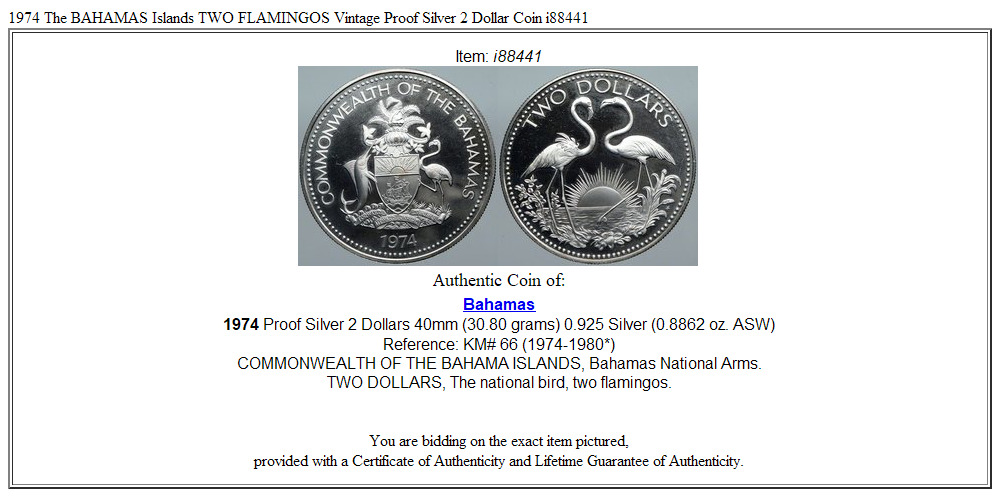 1974 The BAHAMAS Islands TWO FLAMINGOS Vintage Proof Silver 2 Dollar Coin i88441