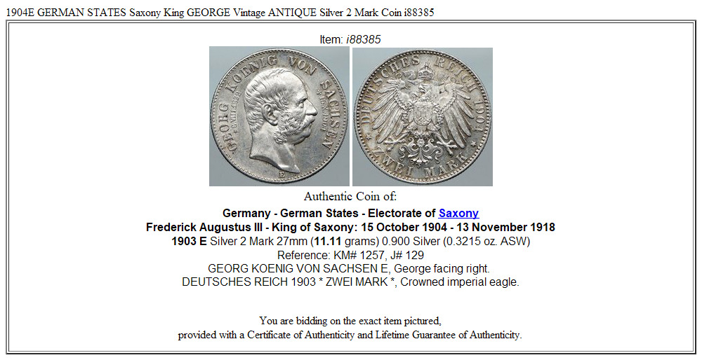 1904E GERMAN STATES Saxony King GEORGE Vintage ANTIQUE Silver 2 Mark Coin i88385