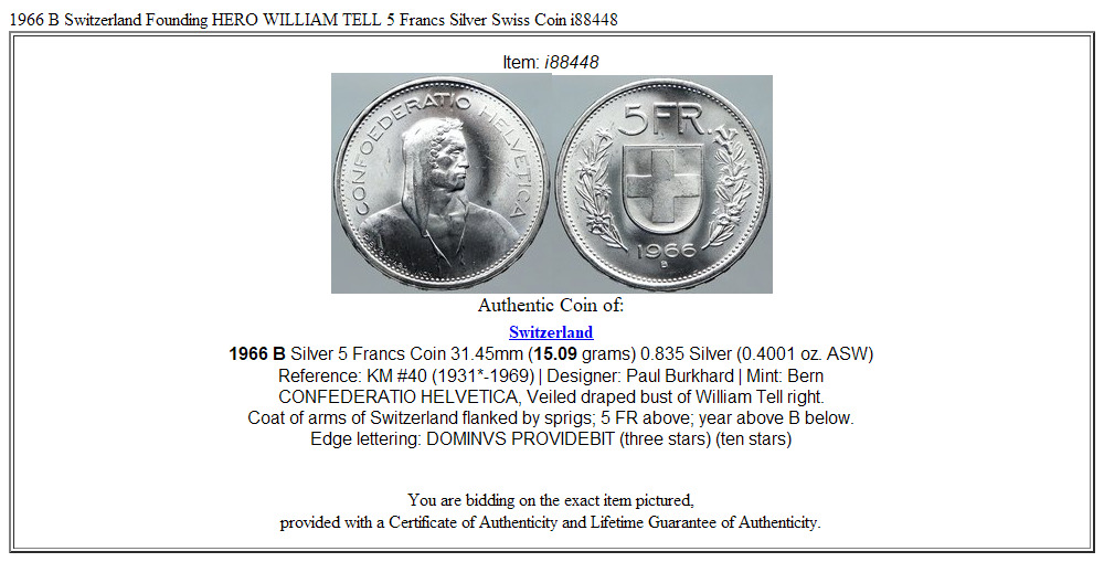 1966 B Switzerland Founding HERO WILLIAM TELL 5 Francs Silver Swiss Coin i88448