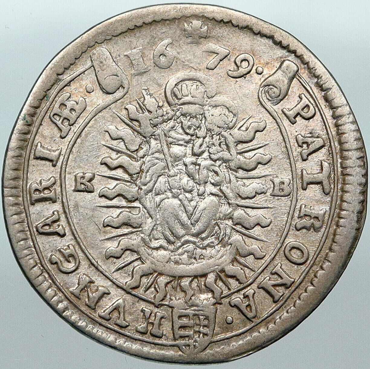 1679 HUNGARY under KING Leopold I MADONNA JESUS 15 KR Antique Silver Coin i88387