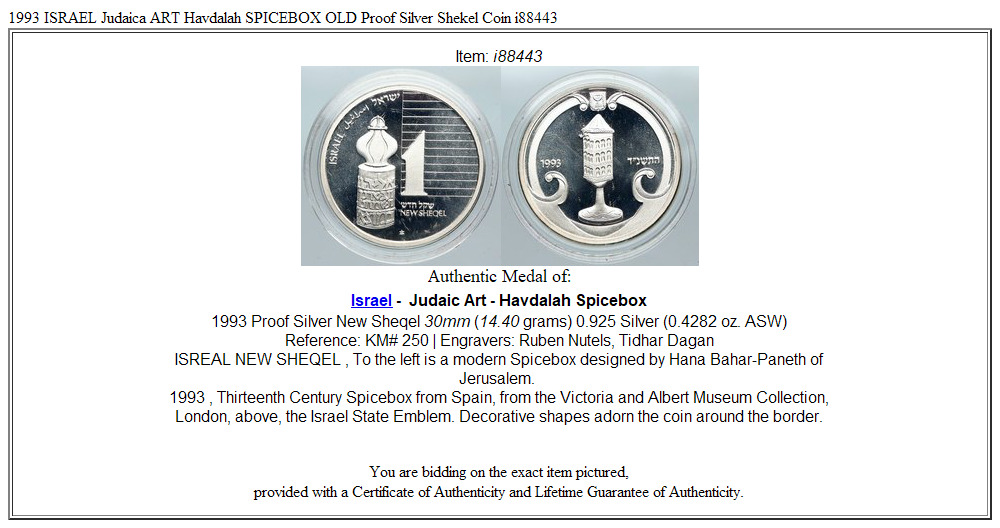 1993 ISRAEL Judaica ART Havdalah SPICEBOX OLD Proof Silver Shekel Coin i88443