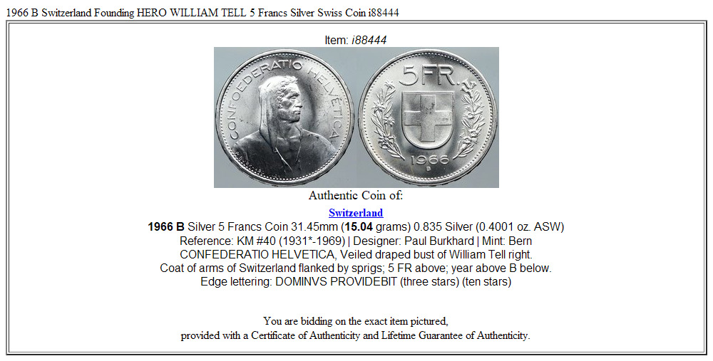 1966 B Switzerland Founding HERO WILLIAM TELL 5 Francs Silver Swiss Coin i88444