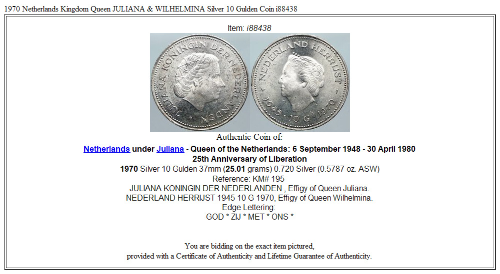 1970 Netherlands Kingdom Queen JULIANA & WILHELMINA Silver 10 Gulden Coin i88438