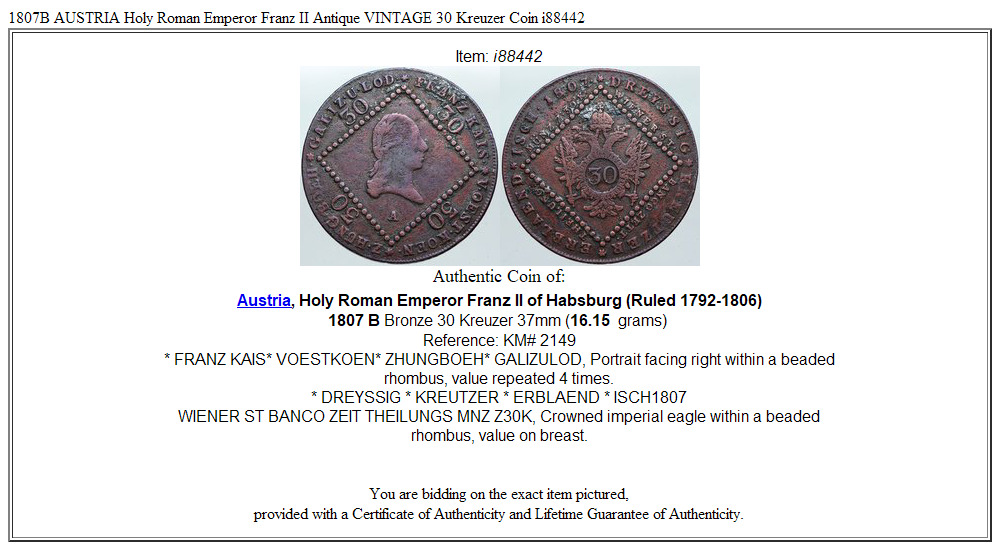 1807B AUSTRIA Holy Roman Emperor Franz II Antique VINTAGE 30 Kreuzer Coin i88442