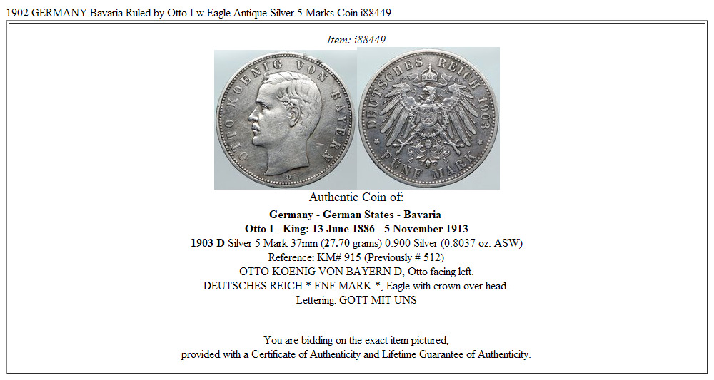 1902 GERMANY Bavaria Ruled by Otto I w Eagle Antique Silver 5 Marks Coin i88449