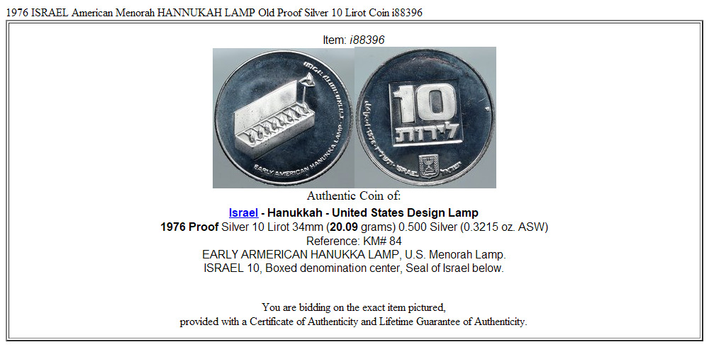 1976 ISRAEL American Menorah HANNUKAH LAMP Old Proof Silver 10 Lirot Coin i88396