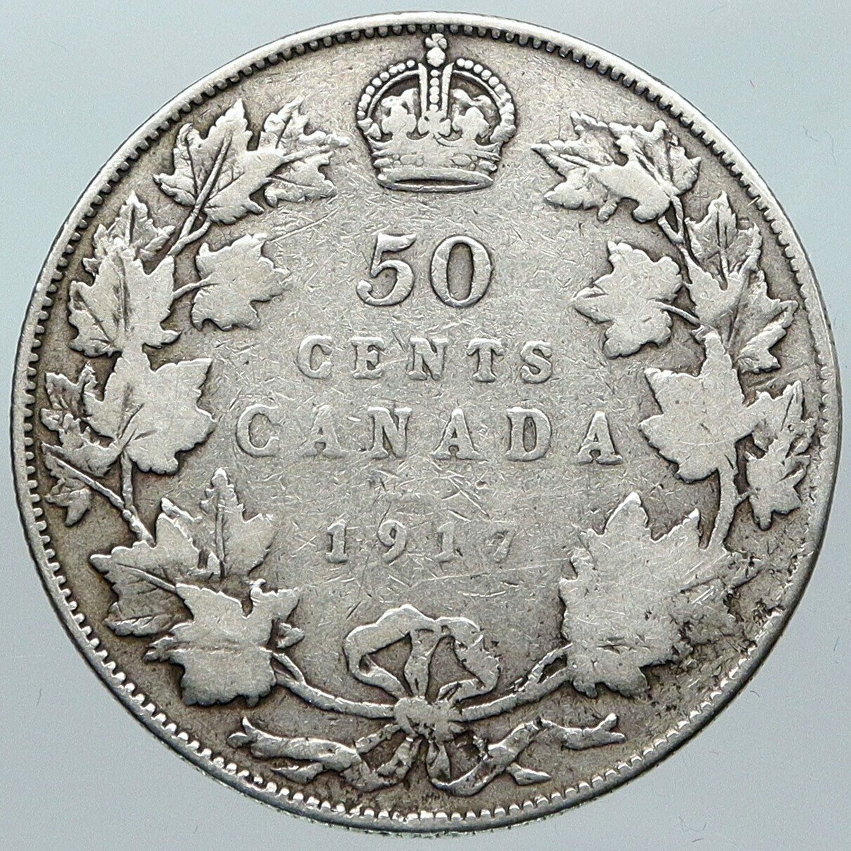 1917 CANADA UK King George V Antique Genuine Crown SILVER 50 CENTS Coin i88446