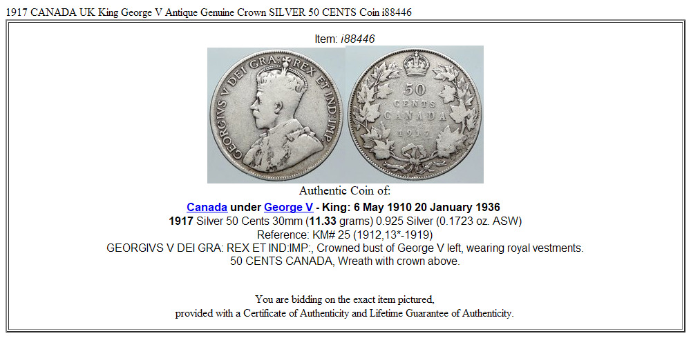 1917 CANADA UK King George V Antique Genuine Crown SILVER 50 CENTS Coin i88446