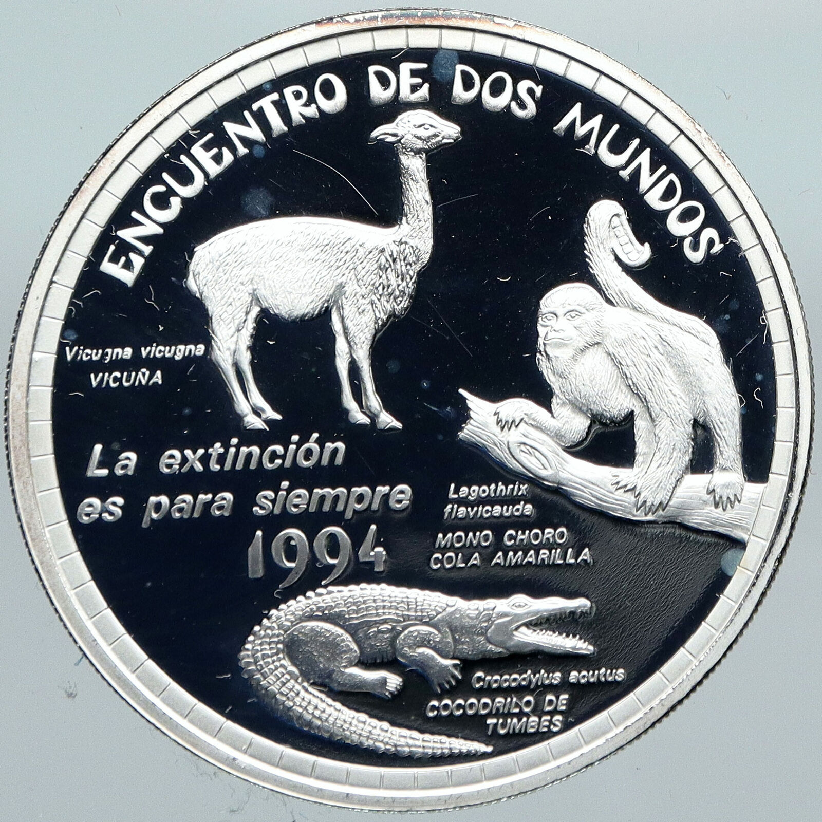 1994 PERU Vicuna Monkey Crocodile ANIMALS OLD Proof Silver Nuevo Sol Coin i88450