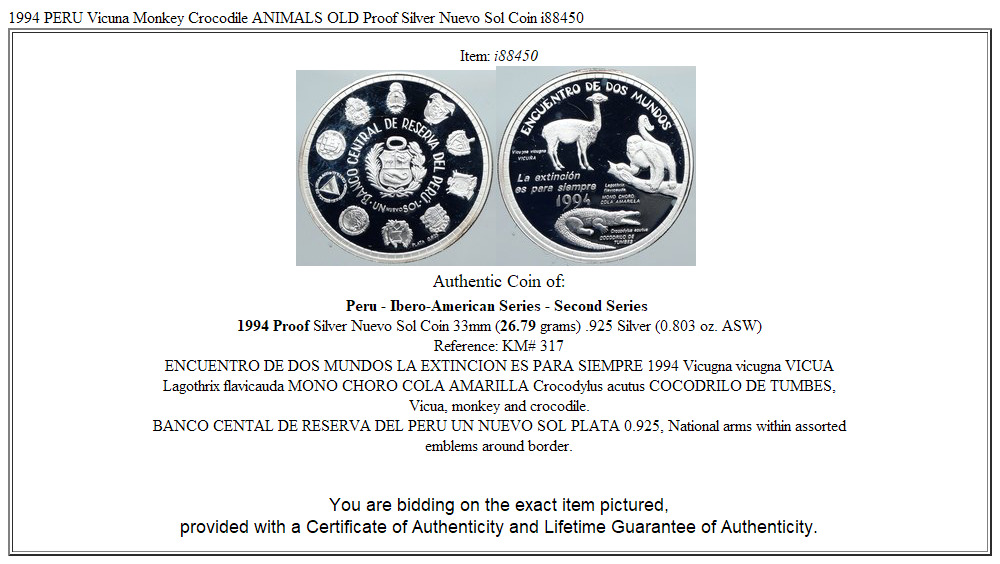 1994 PERU Vicuna Monkey Crocodile ANIMALS OLD Proof Silver Nuevo Sol Coin i88450