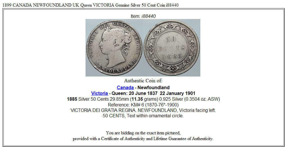 1899 CANADA NEWFOUNDLAND UK Queen VICTORIA Genuine Silver 50 Cent Coin i88440