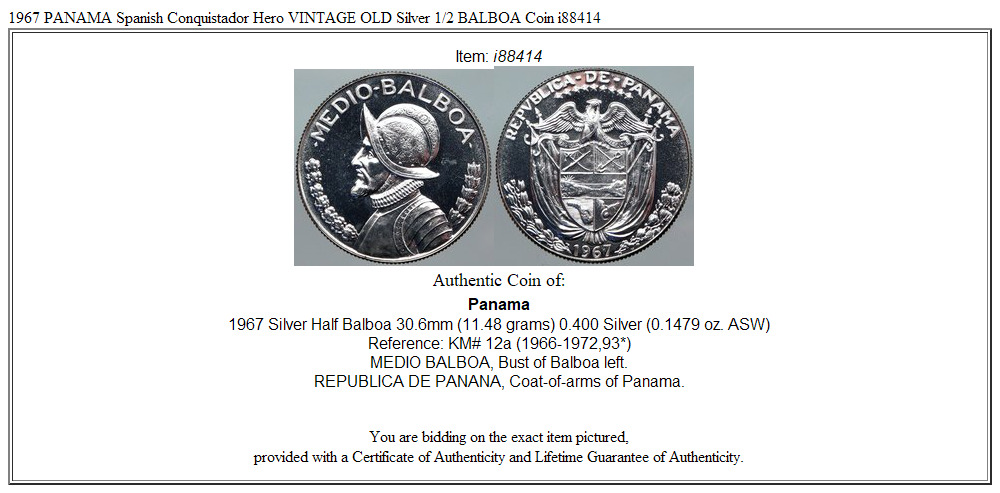 1967 PANAMA Spanish Conquistador Hero VINTAGE OLD Silver 1/2 BALBOA Coin i88414