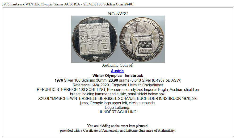 1976 Innsbruck WINTER Olympic Games AUSTRIA - SILVER 100 Schilling Coin i88401