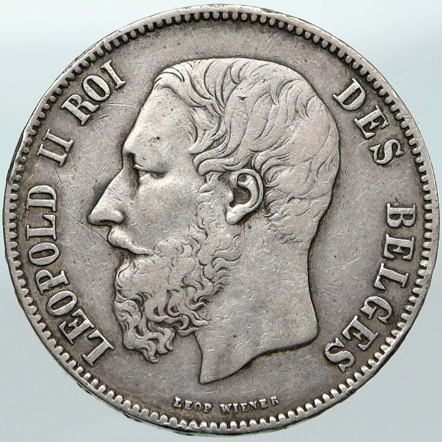 1876 BELGIUM with King LEOPOLD II and LION Genuine Silver 5 Francs Coin i88428