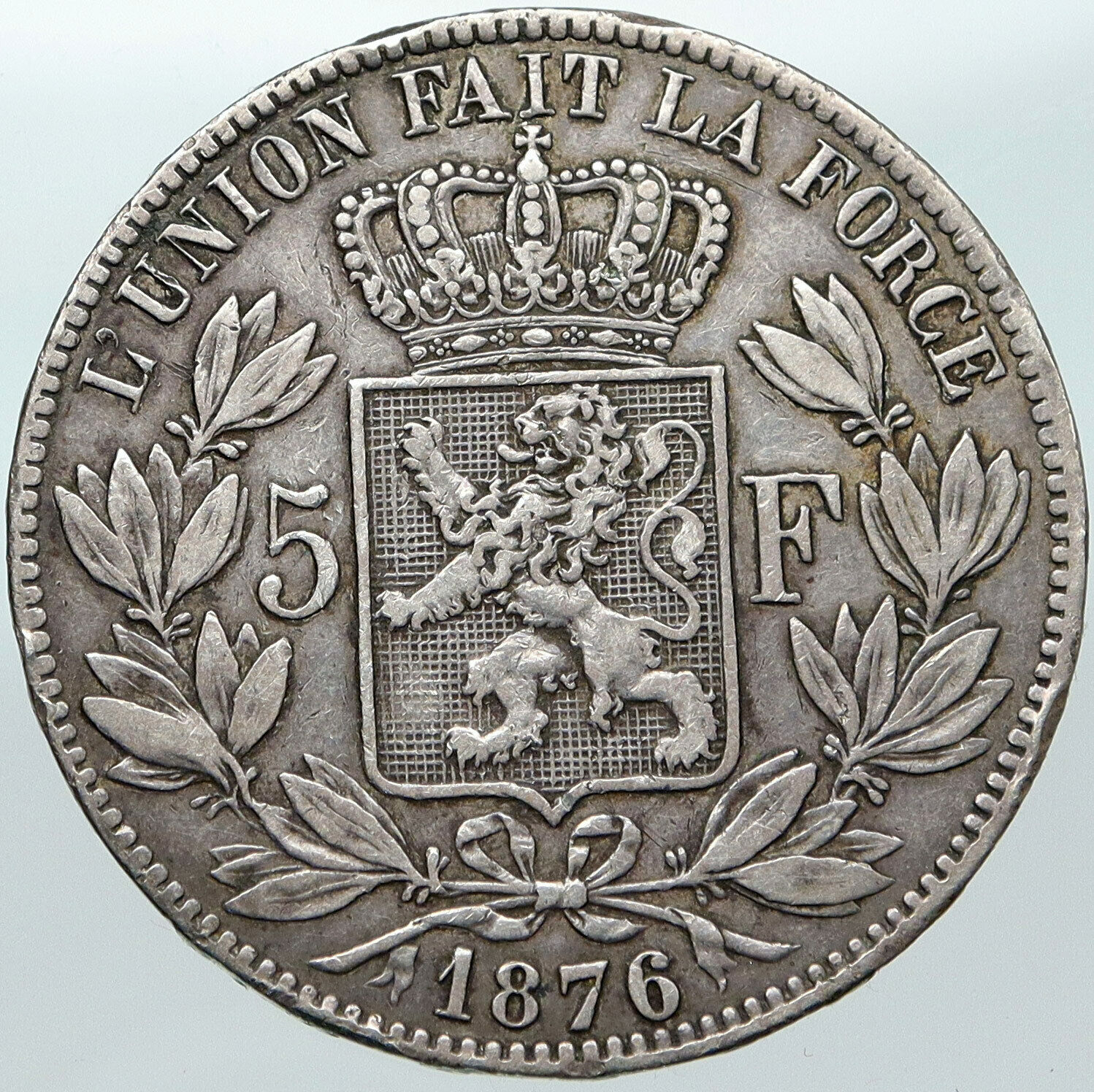 1876 BELGIUM with King LEOPOLD II and LION Genuine Silver 5 Francs Coin i88428