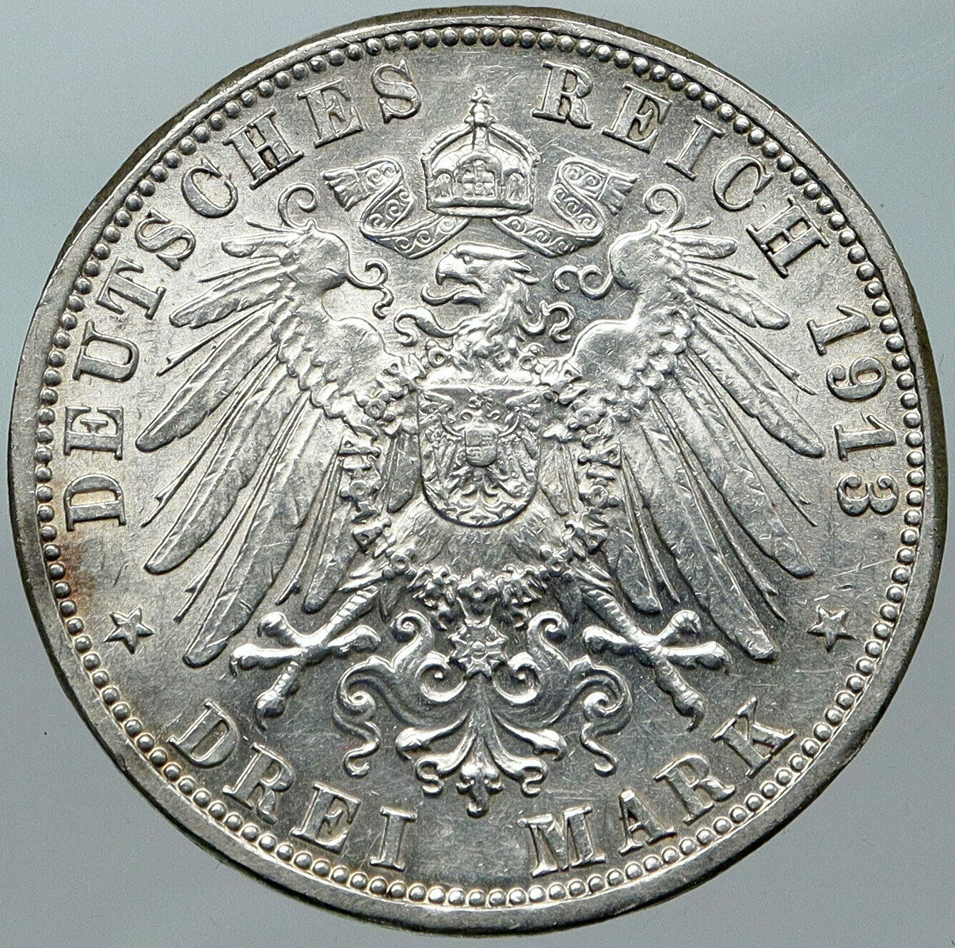 1913A GERMANY GERMAN STATES PRUSSIA WILHELM II Antique Silver 3 Mark Coin i88433