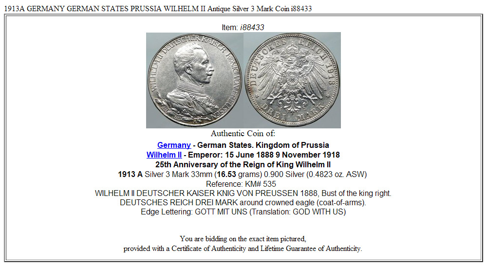 1913A GERMANY GERMAN STATES PRUSSIA WILHELM II Antique Silver 3 Mark Coin i88433