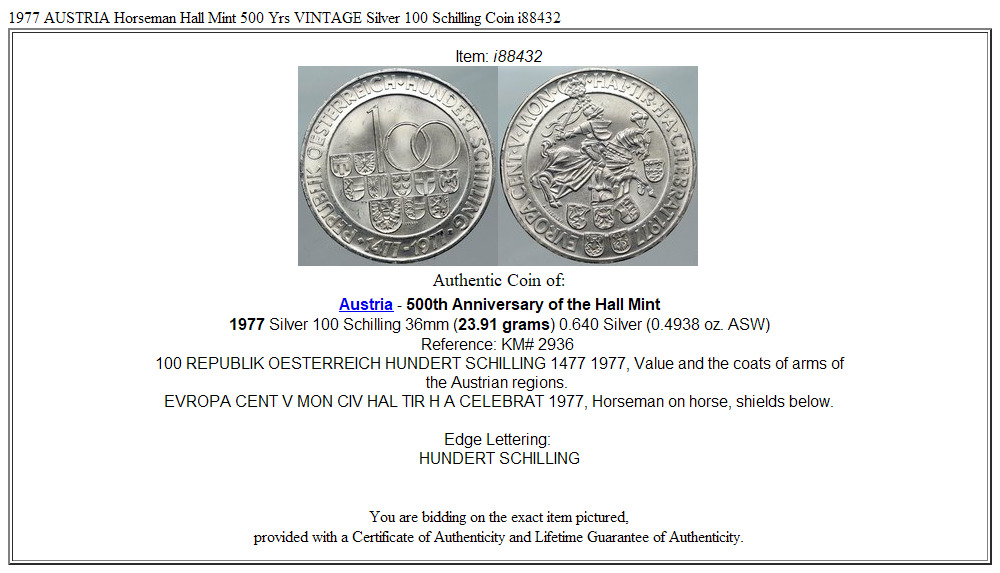 1977 AUSTRIA Horseman Hall Mint 500 Yrs VINTAGE Silver 100 Schilling Coin i88432