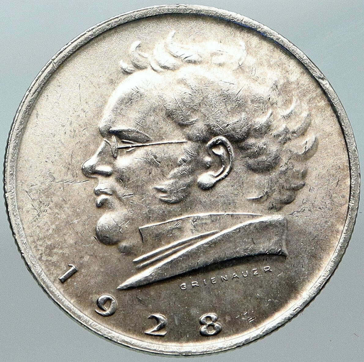 1928 AUSTRIA with Composer Franz Schubert Antique Silver 2 Schilling Coin i88427