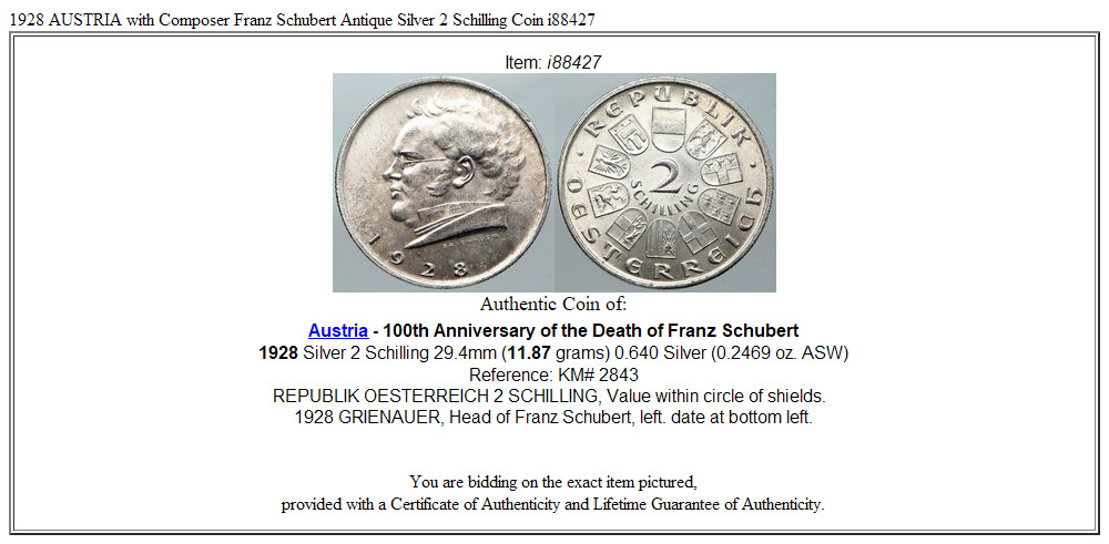 1928 AUSTRIA with Composer Franz Schubert Antique Silver 2 Schilling Coin i88427