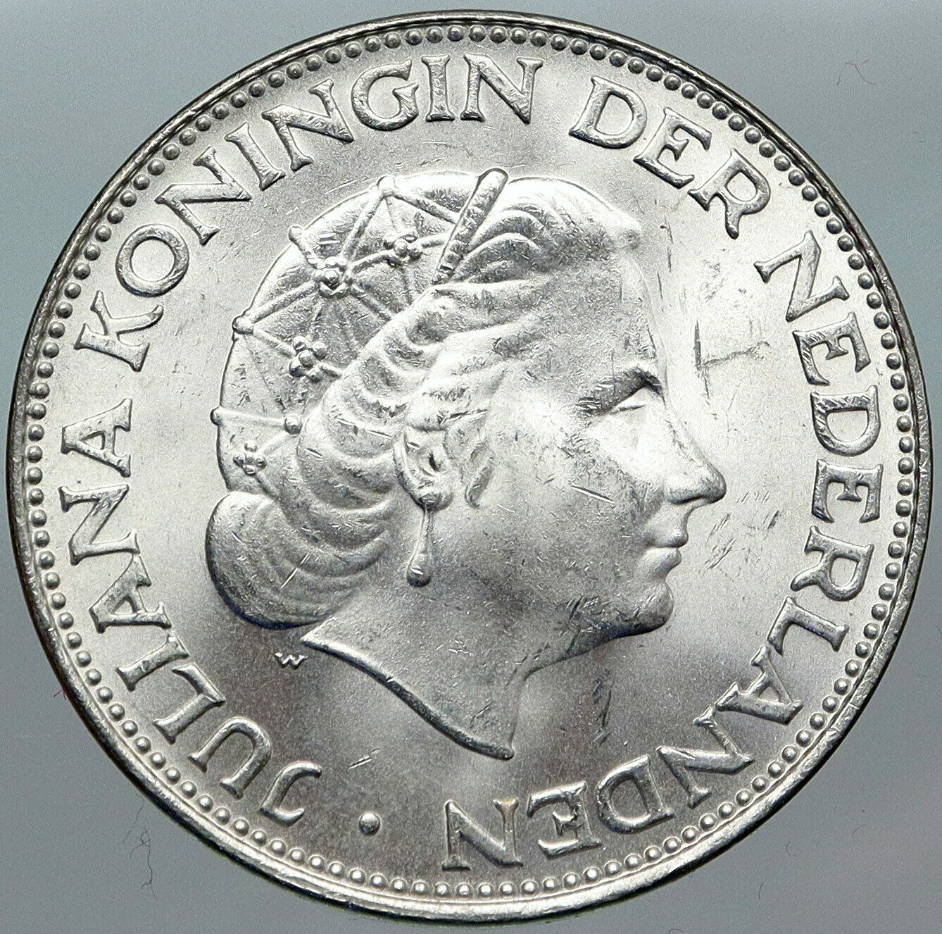 1964 Netherlands Kingdom Queen JULIANA Authentic Silver 2 1/2 Gulden Coin i88417