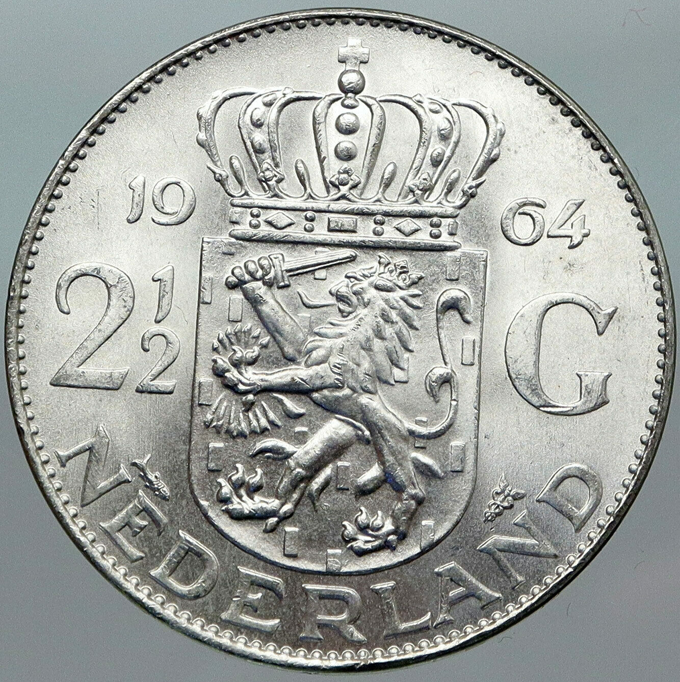 1964 Netherlands Kingdom Queen JULIANA Authentic Silver 2 1/2 Gulden Coin i88417