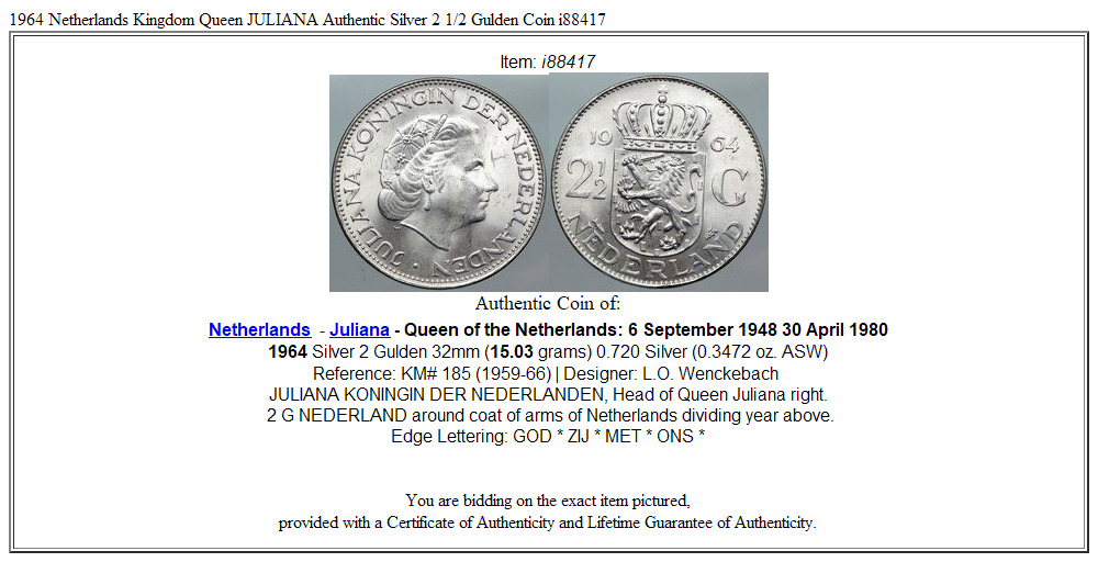 1964 Netherlands Kingdom Queen JULIANA Authentic Silver 2 1/2 Gulden Coin i88417