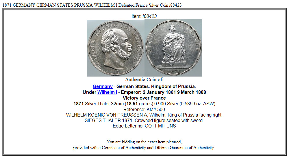 1871 GERMANY GERMAN STATES PRUSSIA WILHELM I Defeated France Silver Coin i88423