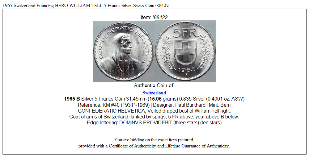 1965 Switzerland Founding HERO WILLIAM TELL 5 Francs Silver Swiss Coin i88422