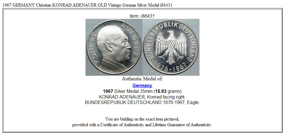 1967 GERMANY Christian KONRAD ADENAUER OLD Vintage German Silver Medal i88431