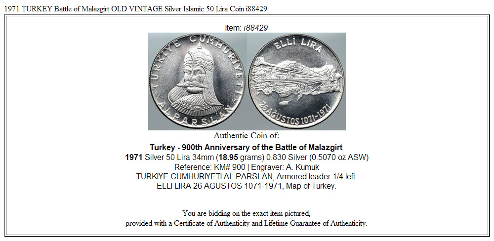 1971 TURKEY Battle of Malazgirt OLD VINTAGE Silver Islamic 50 Lira Coin i88429