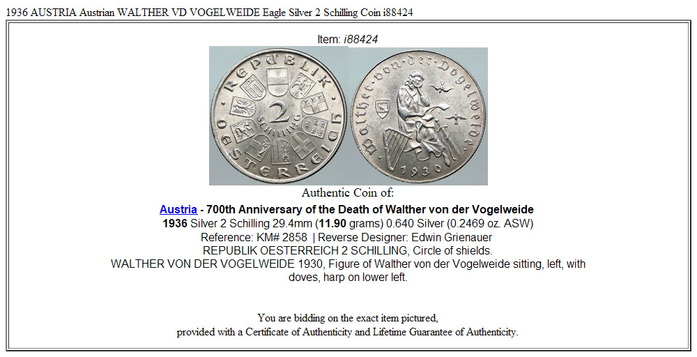 1936 AUSTRIA Austrian WALTHER VD VOGELWEIDE Eagle Silver 2 Schilling Coin i88424