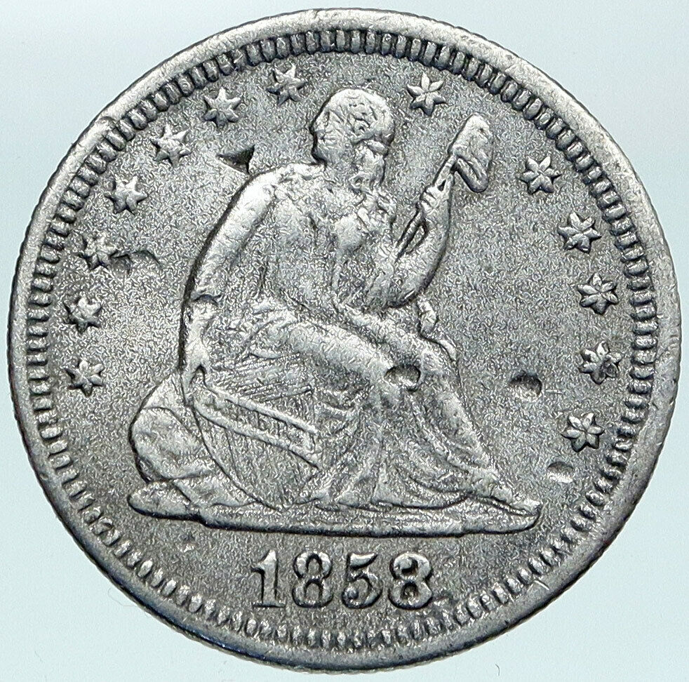 1858 UNITED STATES US Silver SEATED LIBERTY Quarter Dollar Coin w EAGLE i88309