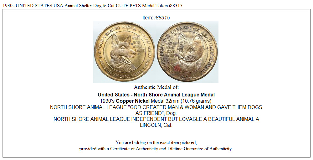 1930s UNITED STATES USA Animal Shelter Dog & Cat CUTE PETS Medal Token i88315