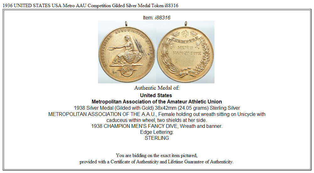 1936 UNITED STATES USA Metro AAU Competition Gilded Silver Medal Token i88316