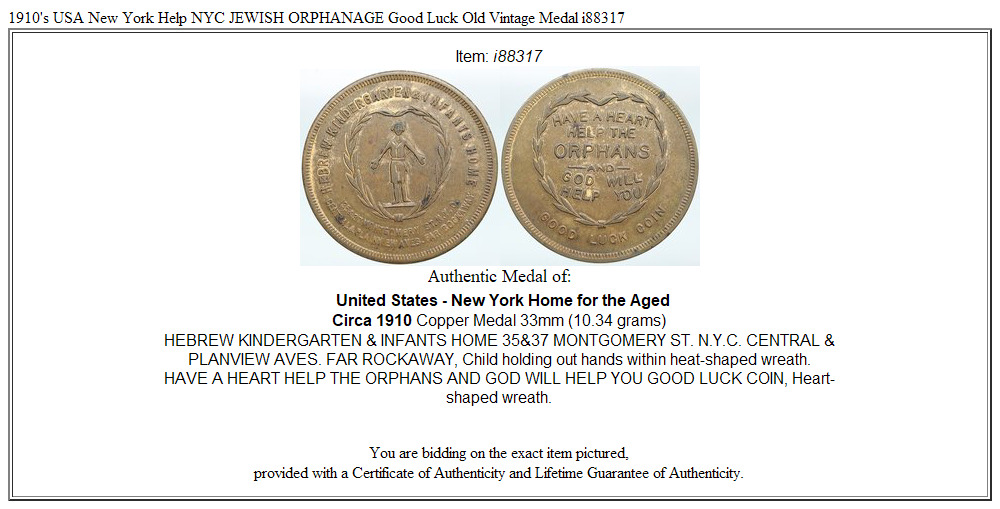 1910's USA New York Help NYC JEWISH ORPHANAGE Good Luck Old Vintage Medal i88317