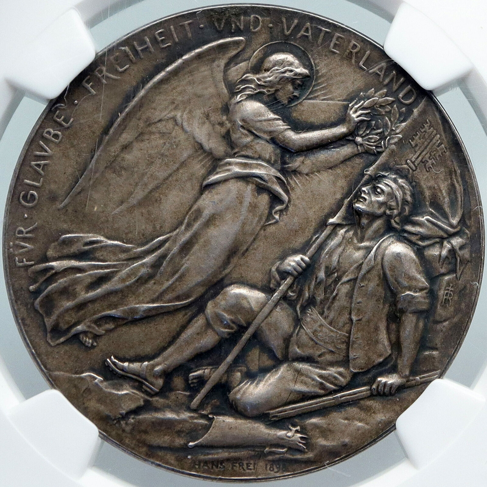 1898 SWITZERLAND Nidwaldner Battle ANGEL & SOLDIER Swiss Silver Medal NGC i88549