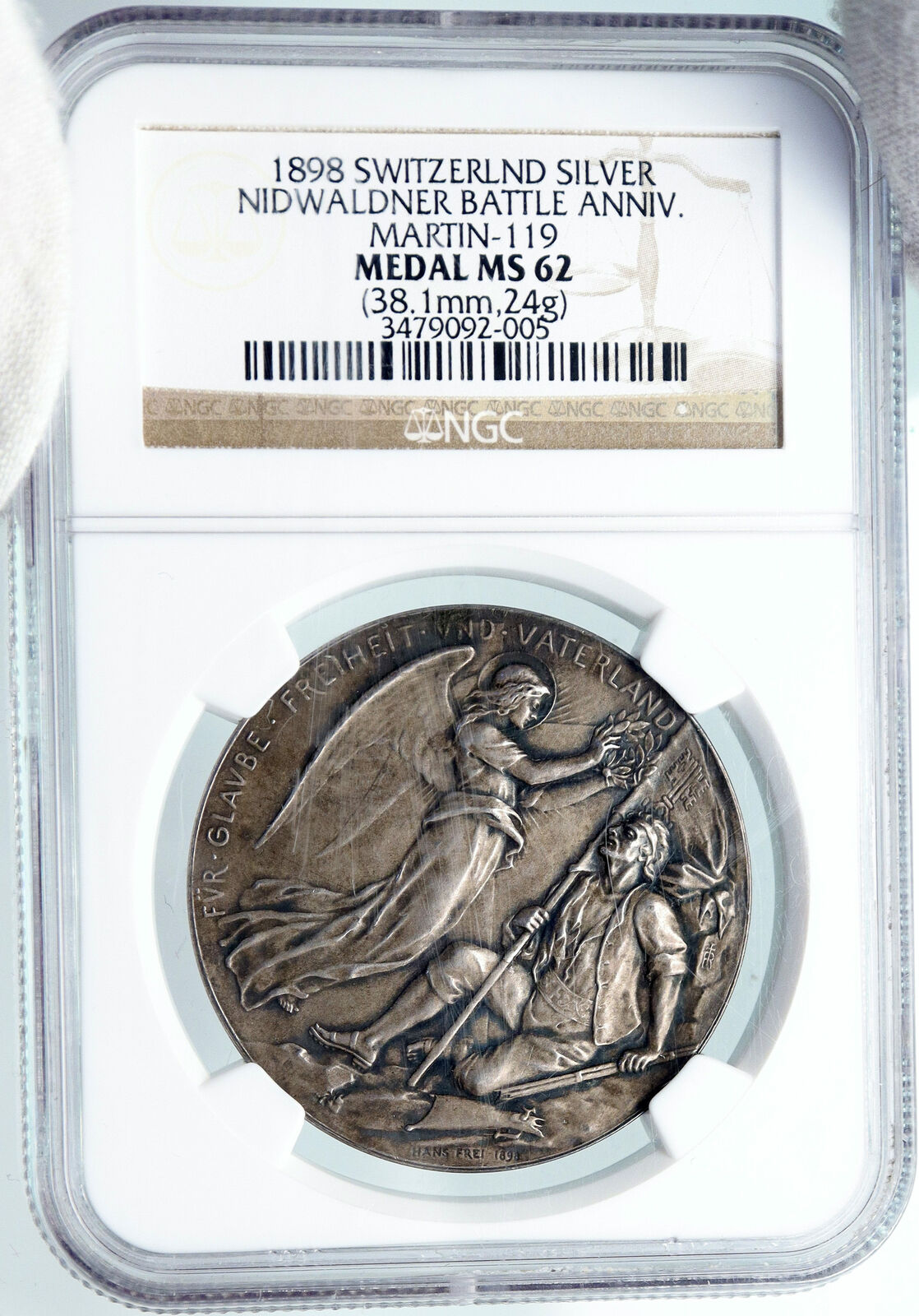 1898 SWITZERLAND Nidwaldner Battle ANGEL & SOLDIER Swiss Silver Medal NGC i88549