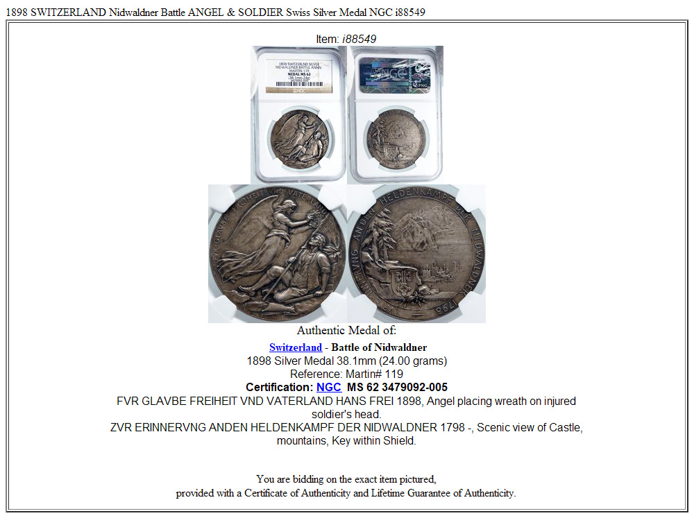 1898 SWITZERLAND Nidwaldner Battle ANGEL & SOLDIER Swiss Silver Medal NGC i88549