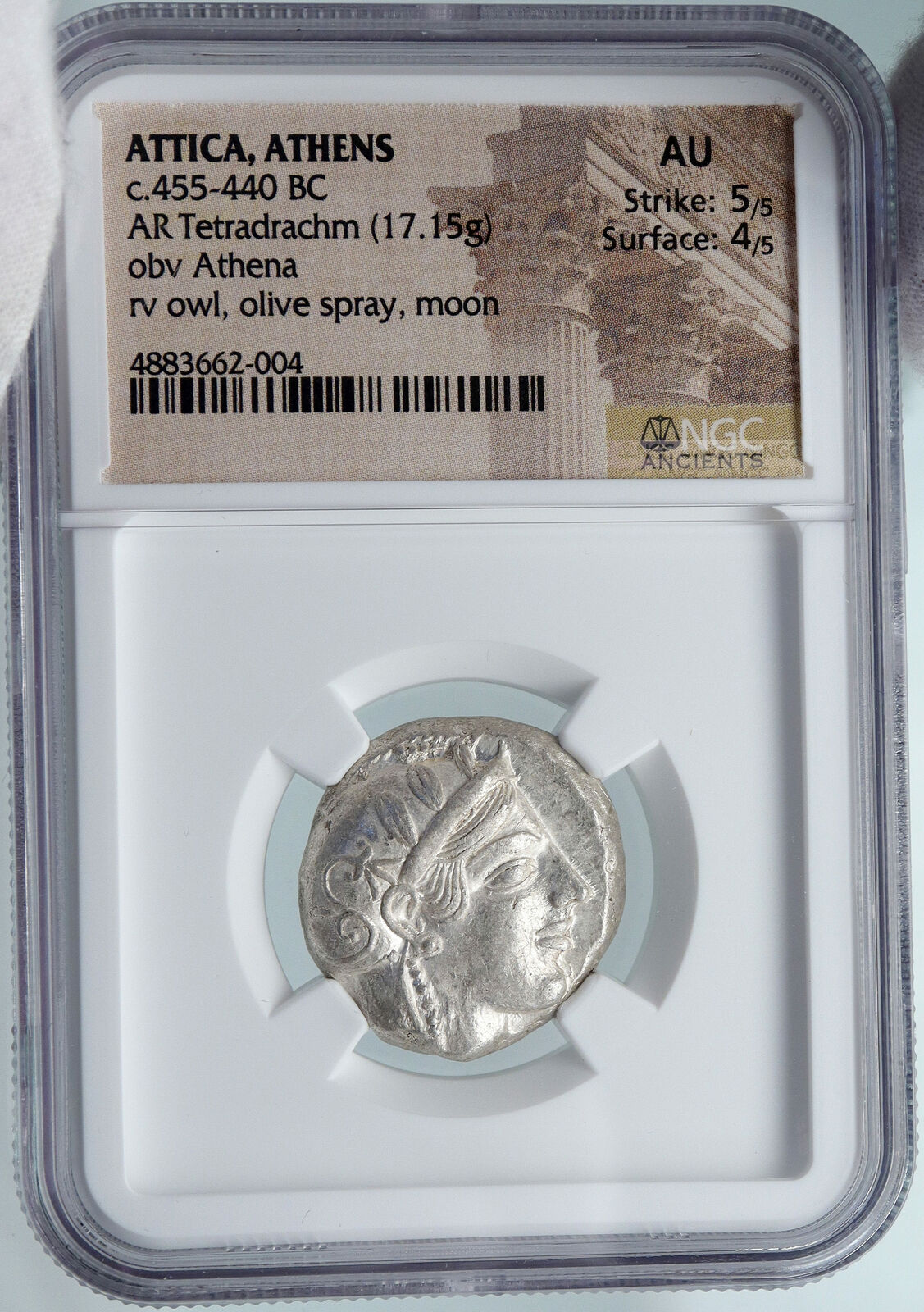 ATHENS Greece 455BC Ancient Silver Greek TETRADRACHM Coin Athena Owl NGC i87807