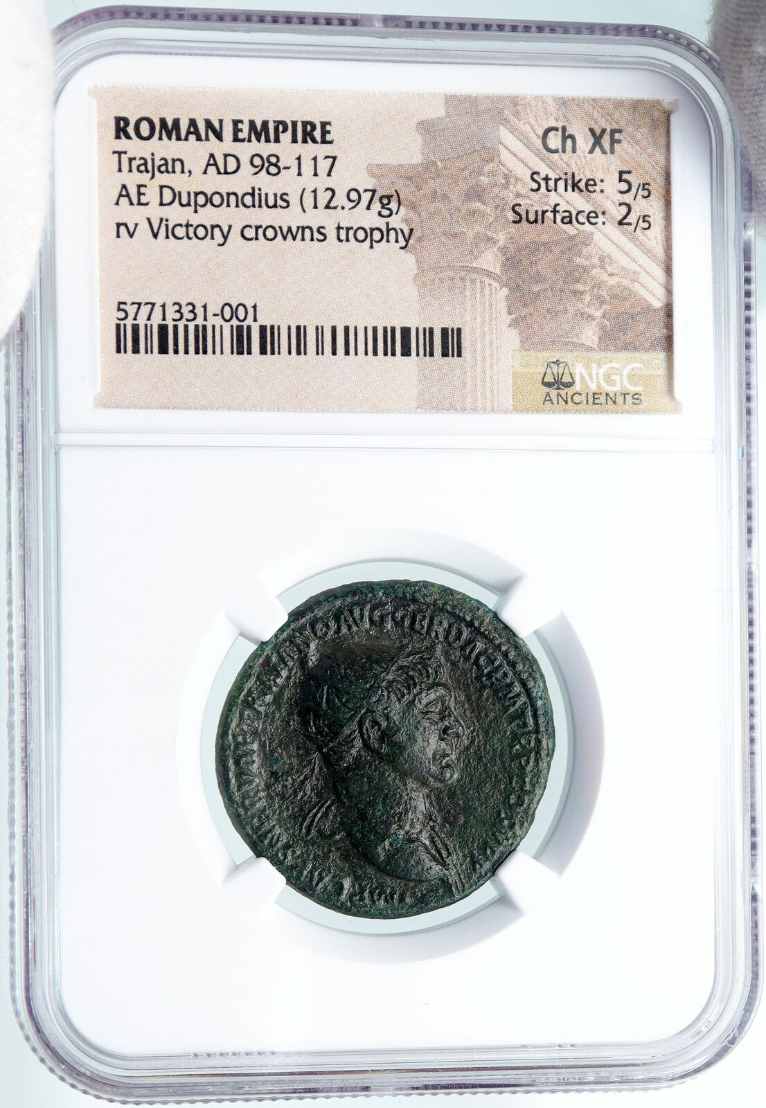 TRAJAN Authentic Ancient Roman Dupondius Coin 106AD Rome VICTORY NGC i87798