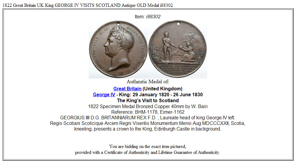 1822 Great Britain UK King GEORGE IV VISITS SCOTLAND Antique OLD Medal i88302