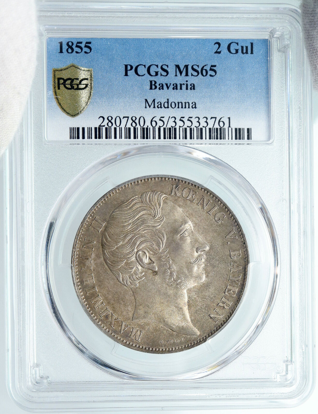 1855 GERMAN STATES Bavaria Maximilian II ANTIQUE Silver 2Gulden Coin PCGS i88868